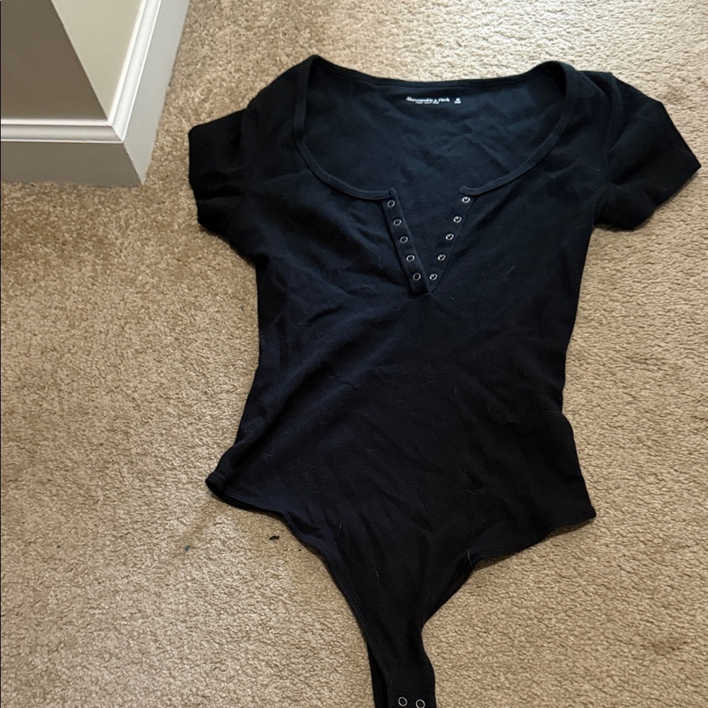 Black Short Sleeve Henley ribbed Bodysuit